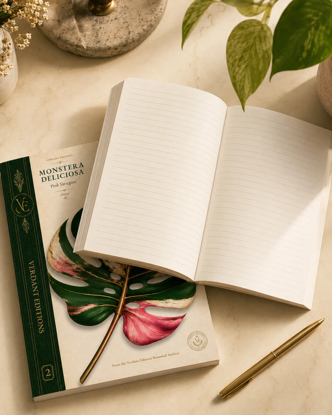 An open botanical journal in warm natural light